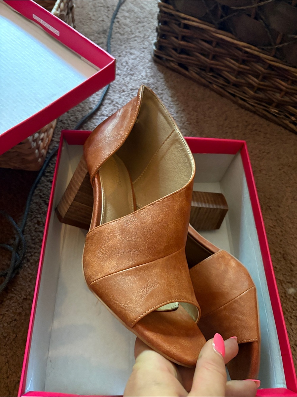 Catherine Malandrino Tan Brown Open-Toe Block Heel Mules